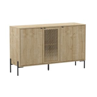 Buffet 3 Portes En Mélaminé Imitation Bois Clair Avec 1 Porte Sculptée Piètement Métal Noir - Melis