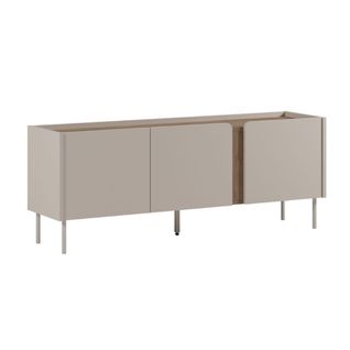 Meuble TV 3 Portes 140cm En Mélaminé Beige Et Imitation Bois Avec Découpe Graphique Bandeau - Liwen
