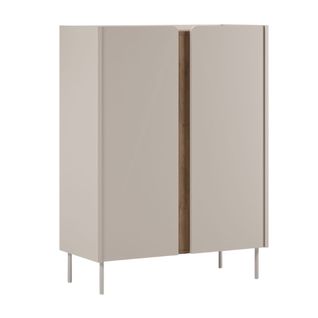 Meuble D'appoint 2 Portes En Mélaminé Beige Et Imitation Bois Avec Découpe Graphique Bandeau - Liwe