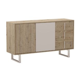 Buffet 2 Portes 3 Tiroirs En Mélaminé Imitation Bois Et Beige Piètement Et Poignées Métal - Myrine