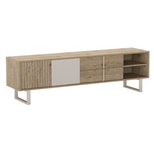 Meuble TV 2p 2t Et 2 Niches En Mélaminé Imitation Bois Et Beige Piètement Et Poignées Métal - Myrin