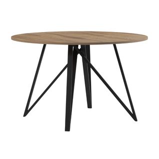 Table Ronde Ø130cm Plateau En Mélaminé Imitation Chêne Moyen Et Pieds Design En Métal Laqué Noir -