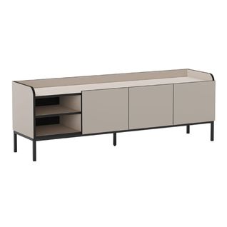 Meuble TV 3 Portes 2 Niches En Mélaminé Beige Et Noir Pieds Métal Noir - Aelia