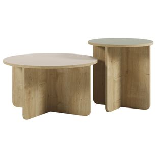 Ensemble Tables Basses 1 Table Ø70 Plateau Beige Et 1 Table Ø50 Plateau Vert Sauge Piètement Imitat
