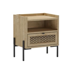 Chevet 1 Tiroir Sculpté Et 1 Niche En Mélaminé Imitation Bois Clair Piètement Métal Noir. - Melissa