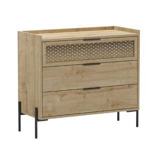 Commode 3 Tiroirs Dont 1 Sculpté En Mélaminé Imitation Bois Clair Piètement Métal Noir. - Melissa