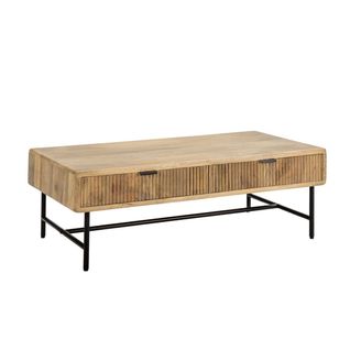 Table Basse 2 Tiroirs En Manguier Massif Relief Graphique Vertical Piètement Métal Laqué Noir - Mel