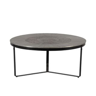 Table Basse Ronde Ø90cm En Métal Martelé Et Sculpté Finition Brossé Pied Laqué Noir - Sohalia
