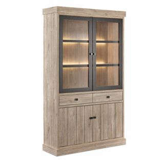 Argentier 4 Portes Dont 2 Vitrées Et 2 Tiroirs Avec Éclairage LEDs Aspect Bois Finition Beach Oak -