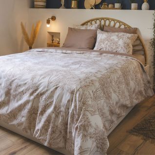 Housse De Couette 140x200cm Coton Imprimé Feuillage Blanc Et Sable - Javen