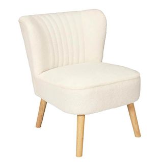 Fauteuil En Tissu Bouclettes Blanc Pieds Bois Naturel - Kelios
