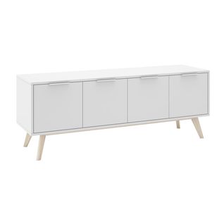 Meuble TV 4 Portes Scandinave Mdf Et Pin Massif Naturel Et Blanc - Blajk
