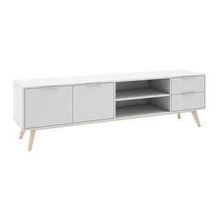 Meuble TV 180cm 2 Portes 2 Tiroirs Scandinave Mdf Et Pin Massif Naturel Et Blanc - Blajk