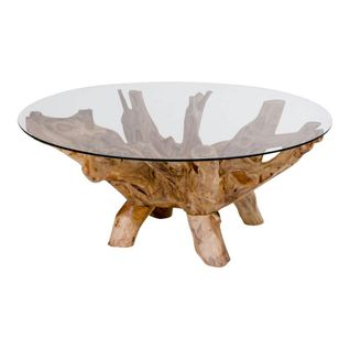 Table Basse Ronde En Racine De Teck  Ø110 Cm - Plateau Verre Arizona