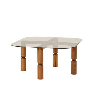 Table Basse Carrée En Verre Fumé - Pieds Bois Marron Sculpté Boma