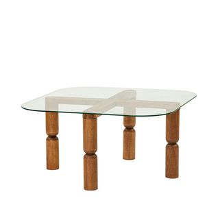 Table Basse Carrée En Verre - Pieds Bois Marron Sculpté Boma