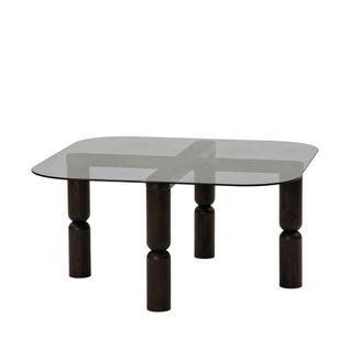 Table Basse Carrée En Verre Fumé - Pieds Bois Sculpté Boma