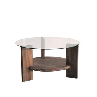 Table Basse Ronde En Verre Et Bois Brun - 2 Plateaux Anzio