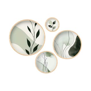 Tableau Rond Nature Vert Et Blanc – Cadre Bois (set De 4)