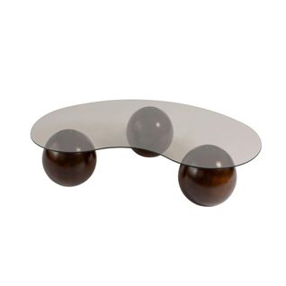 Table Basse Verre Ambré Design – 3 Pieds Boules Marrons Kochi
