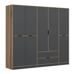 Armoire Dressing Chambre Effet Bois, 8 Portes Grises Byron