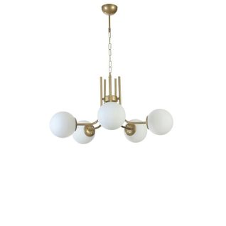 Suspension Art Déco Dorée, 5 Globes Verre Dépoli Sierre