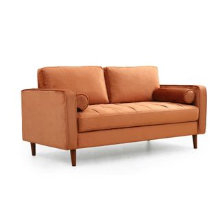 Canapé 2 Places Velours Rouille Avec Coussins Polochons Chiba