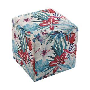 Pouf Cube Tropical Motif Feuilles Et Grandes Fleurs Rouges 35x35x35cm Borneo