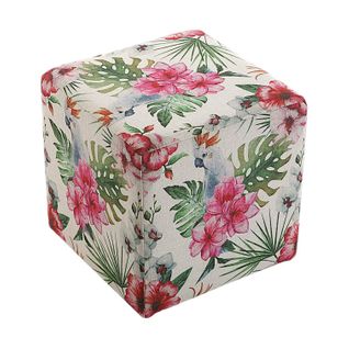 Pouf Cube Tropical Motif Perroquets, Feuilles Et Fleurs 35x35x35cm Borneo