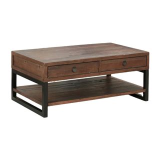 Table Basse Bois Brun Recyclé Double Plateau 2 Tiroirs Samoa