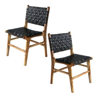 Chaise En Bois Et Cuir Tressé Noir (lot De 2) Mendoza