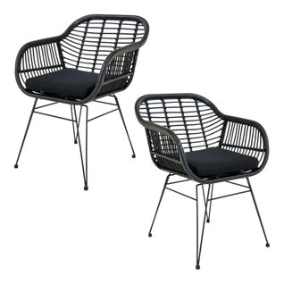 Chaise De Jardin Noire En Rotin Synthétique Avec Accoudoirs Et Coussin D'assise (lot De 2) Ibiza