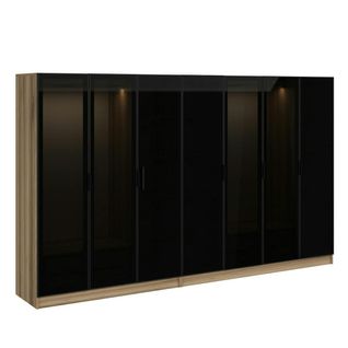 Dressing Design 7 Portes Verre Noir et Cadre Effet Bois Byron