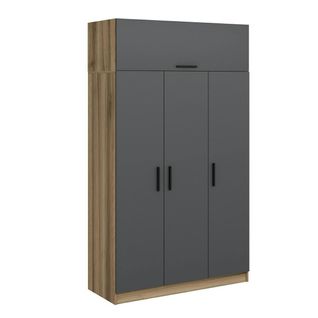 Armoire Penderie 4 Portes Gris et Effet Bois, 1 Tringle Byron