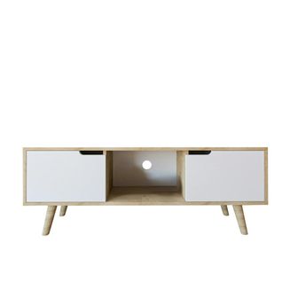 Petit Meuble TV 2 Portes Blanches Cadre Effet Bois Clair Marfa