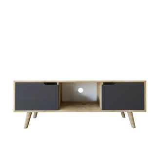 Petit Meuble TV 2 Portes Grises Cadre Effet Bois Clair Marfa