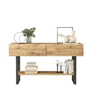 Console Rustique Chic Décor Bois Clair 2 Tiroirs Jena