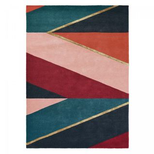 Tapis Salon 200x280 Fait à La Main En Laine Rose Et Rouge Motif Géométrique