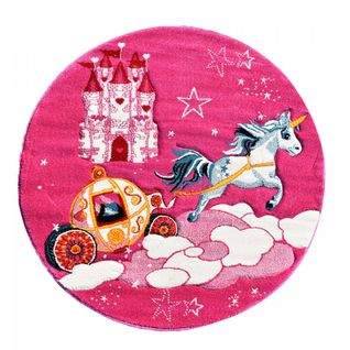Tapis Enfant Ø200cm Rond Tissé Rose Motif Animaux Lyn8 Chatoli