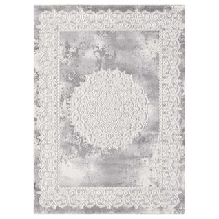 Tapis Oriental Ø140cm Rond Gris Clair Tissé Motif Ancestral Lyn7 Balrod