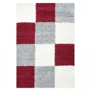 Tapis Poils Longs Shaggy 60x110 Rectangle Tissé Rouge Et Gris Motif Damier