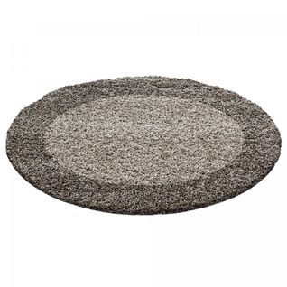 Tapis Poils Longs Shaggy Ø160cm Rond Tissé Beige Et Taupe Motif Simple Bordure