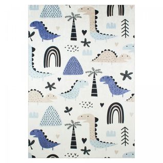 Tapis Enfant 80x150 Rectangle Tissé Bleu Et Crème Motif Animaux Dino