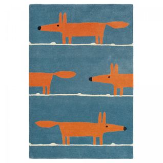 Tapis Enfant 90x150 Fait à La Main En Laine Bleu Et Orange Mr Fox