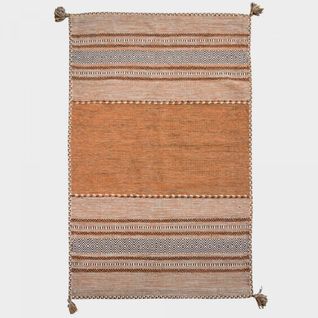 Tapis Kilim 80x150 Rectangle Fait Main En Coton Marron Et Beige