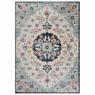 Tapis D Orient 120x170 Rectangulaire Médaillon Floral Lyn3 Med Bleu Écru Entretien Facile.