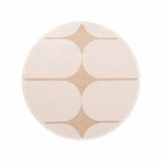 Tapis Exterieur 160 X 160-cm, Beige, Marron, Forme Rond, Kilim Géométrique, Idéal Terrasse