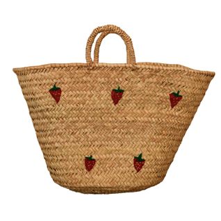 Panier Fraises Brodées - 50x35 Cm - Rouge