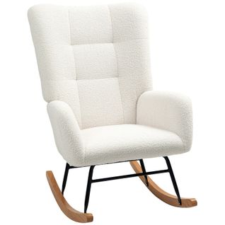 Fauteuil à Bascule Style Nordique Bois Hévéa Effet Laine Bouclée