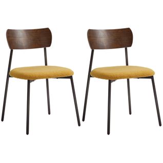 Lot De 2 Chaises Style Vintage Métal Noir Aspect Bois Effet Laine Bouclée Jaune